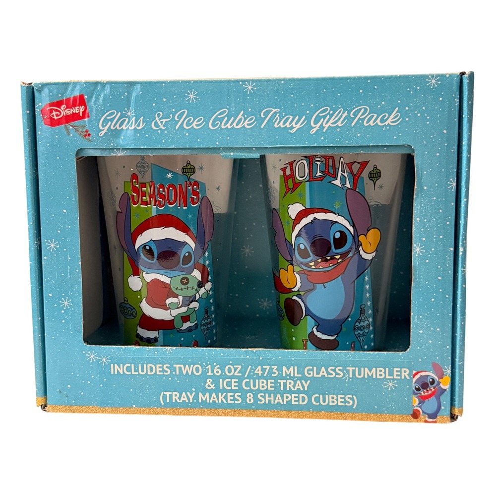 Disney Stitch Christmas Glass Tumbler and Ice Cube Tray Gift Set 16oz 2pk NEW